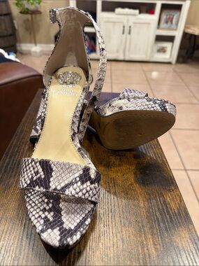 Vince Camuto Snake-Print Ankle-Strap Heels in Gray and Cream
